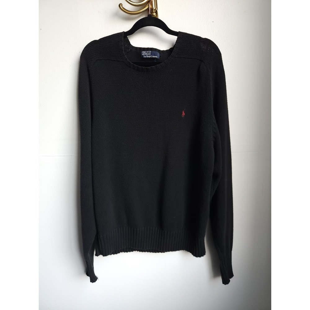 VTG Polo Ralph Lauren Sweater Mens Large Black Knit Crewneck Preppy Classic Logo